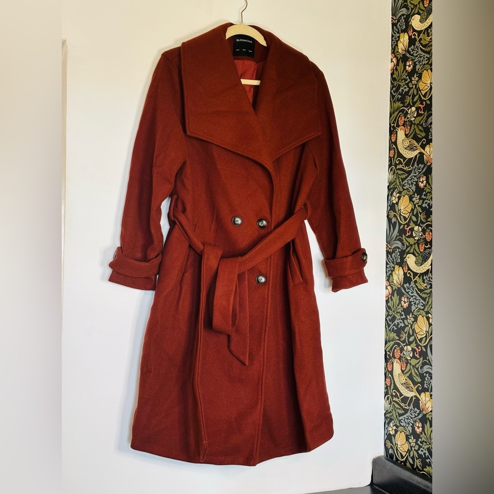 BloomChic Terracotta wool look belted lined coat sz 10 NEW button up
